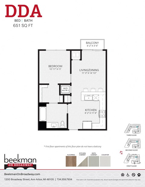 Floor plan for 1 bed, 1 bath, 651 sqft