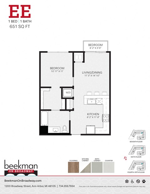 Floor plan for 1 bed, 1 bath, 651 sqft