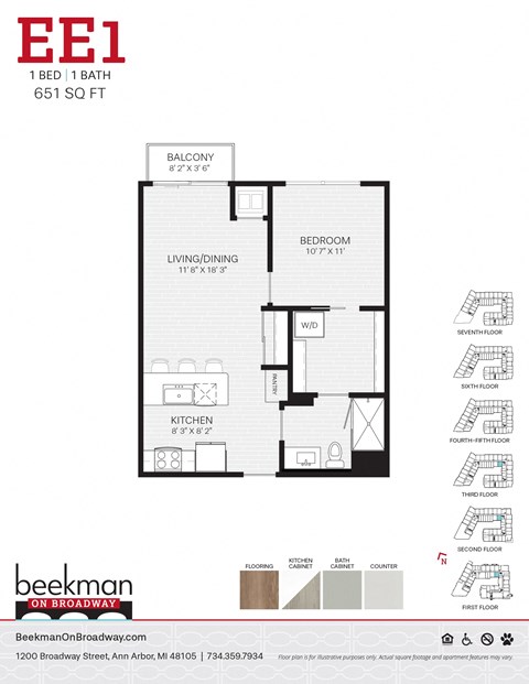 Floor plan for 1 bed, 1 bath, 651 sqft