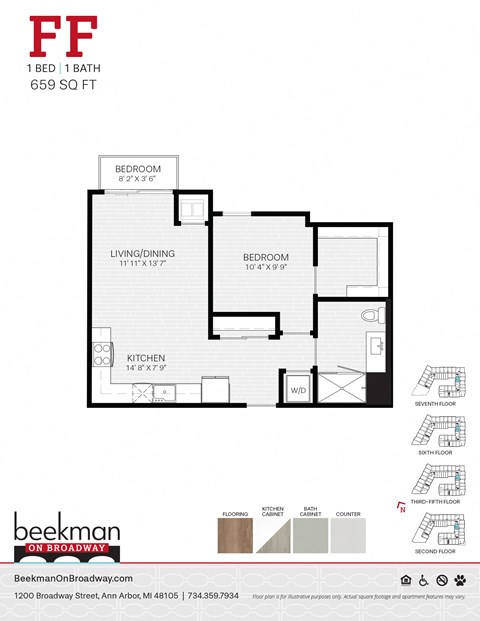 Floor plan for 1 bed, 1 bath, 659 sqft
