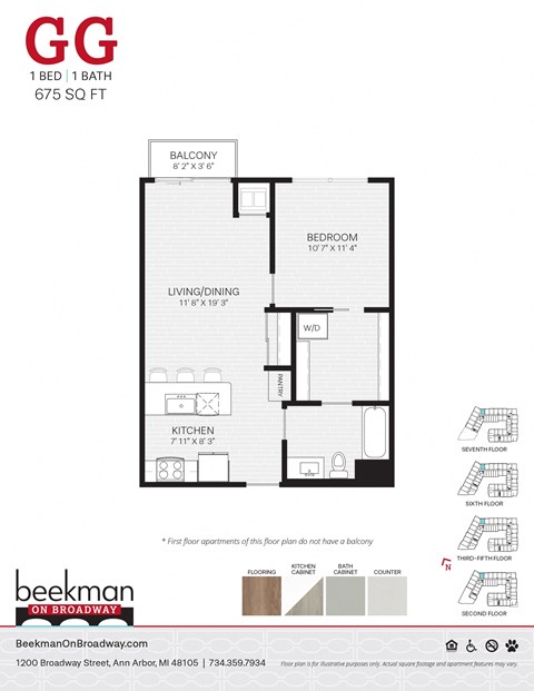 Floor plan for 1 bed, 1 bath, 675 sqft