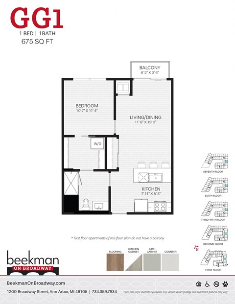Floor plan for 1 bed, 1 bath, 675 sqft