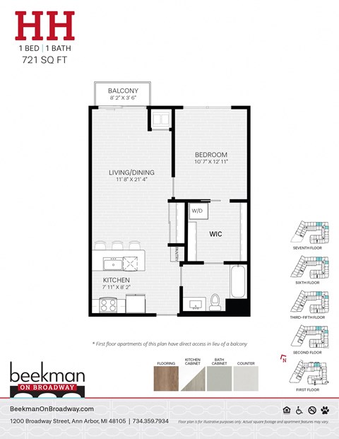 Floor plan for 1 bed, 1 bath, 721 sqft