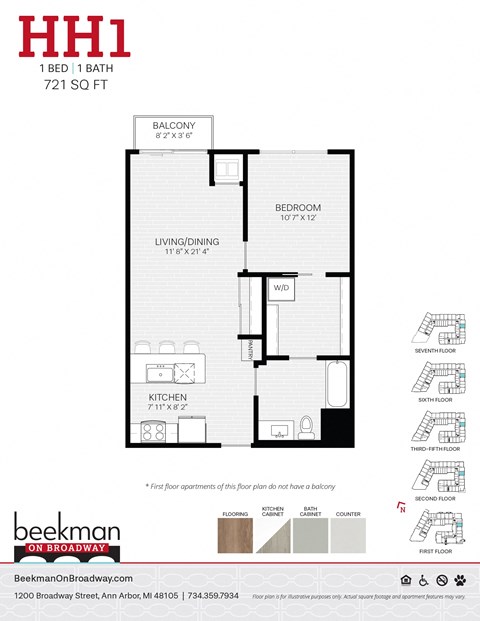 Floor plan for 1 bed, 1 bath, 721 sqft