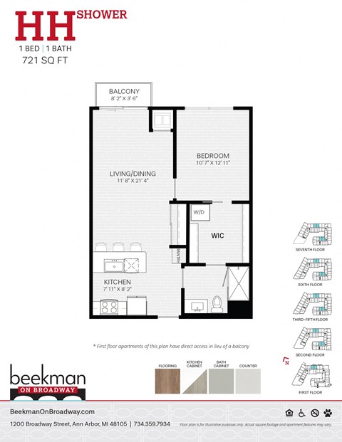 Floor plan for 1 bed, 1 bath, 721 sqft