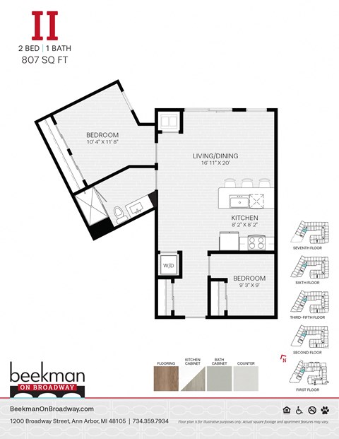 Floor plan for 2 beds, 1 bath, 807 sqft