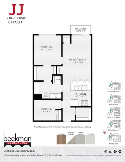 Floor plan for 2 beds, 1 bath, 811 sqft