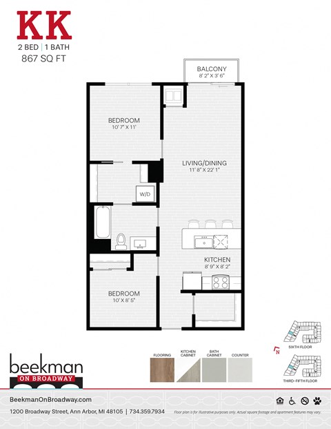 Floor plan for 2 beds, 1 bath, 867 sqft