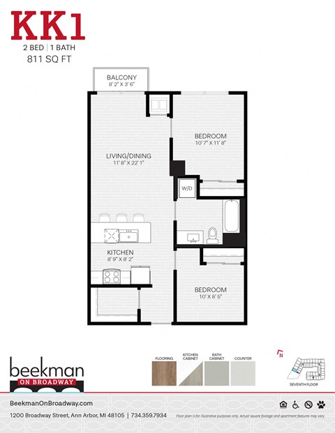 Floor plan for 2 beds, 1 bath, 811 sqft