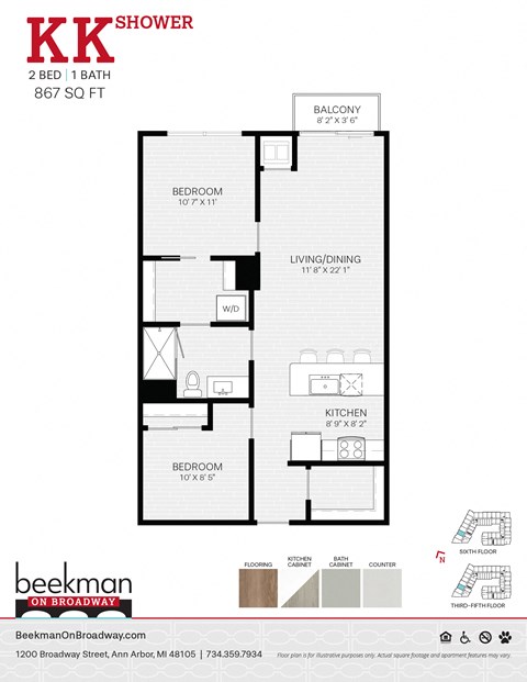 Floor plan for 2 beds, 1 bath, 867 sqft
