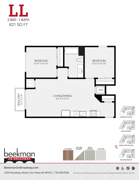 Floor plan for 2 beds, 1 bath, 821 sqft