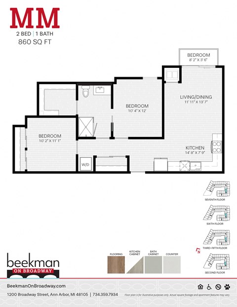 Floor plan for 2 beds, 1 bath, 877 sqft