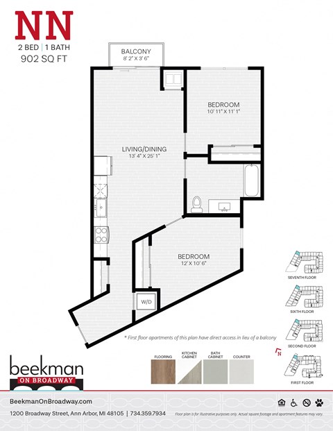 Floor plan for 2 beds, 1 bath, 902 sqft
