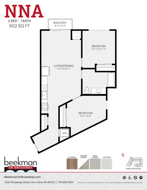 Floor plan for 2 beds, 1 bath, 902 sqft