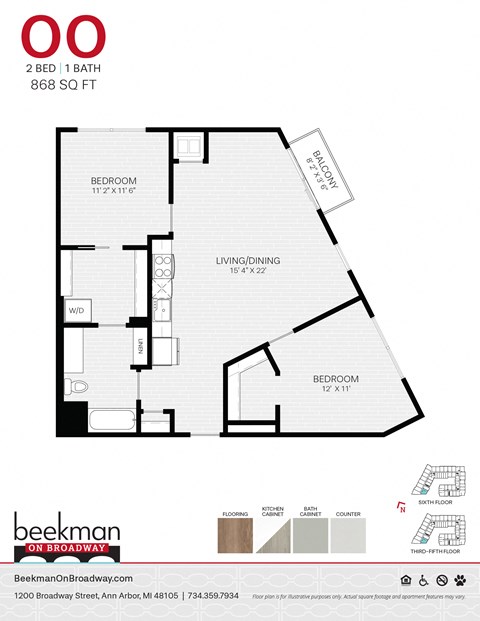 Floor plan for 2 beds, 1 bath, 922 sqft