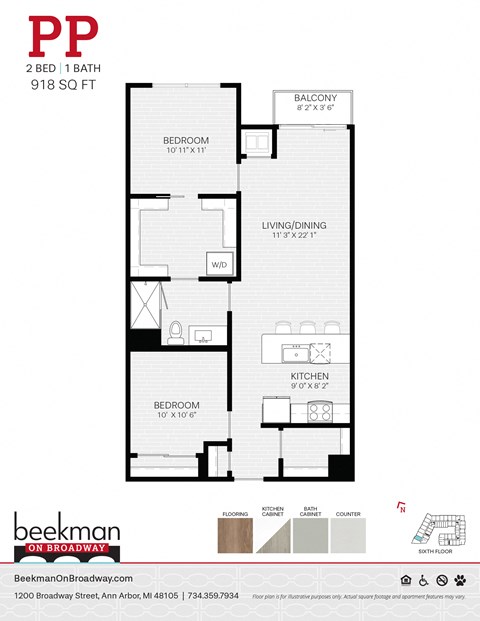Floor plan for 2 beds, 1 bath, 918 sqft