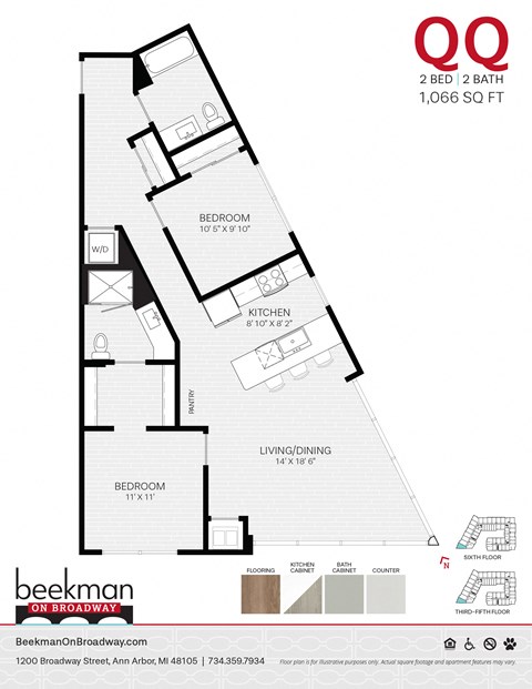 Floor plan for 2 beds, 2 baths, 1066 sqft