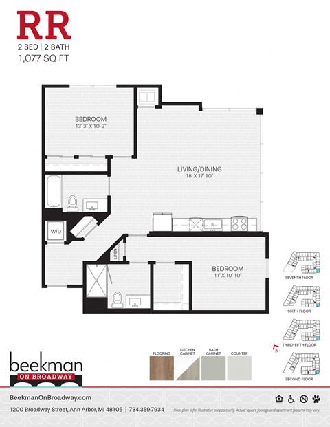 Floor plan for 2 beds, 2 baths, 1077 sqft
