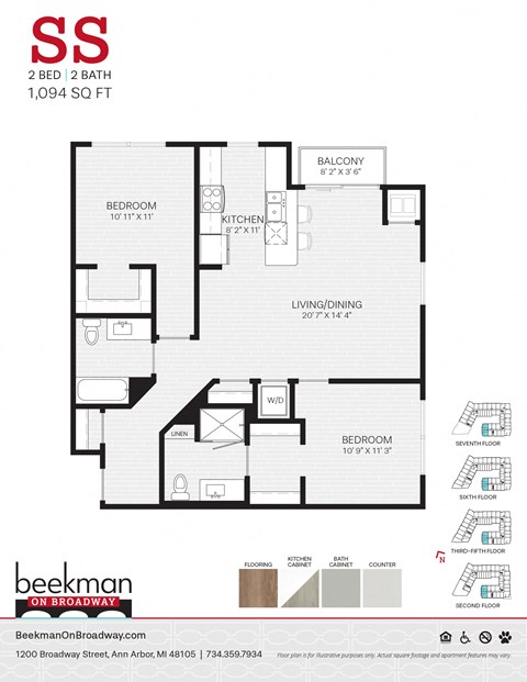 Floor plan for 2 beds, 2 baths, 1094 sqft