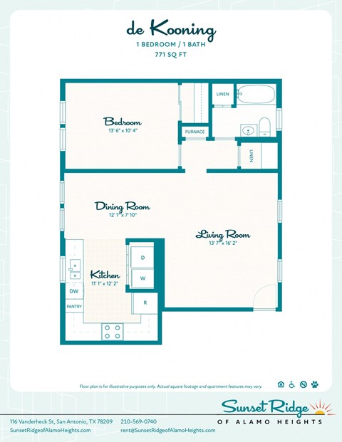 Floor plan for 1 bed, 1 bath, 771 sqft