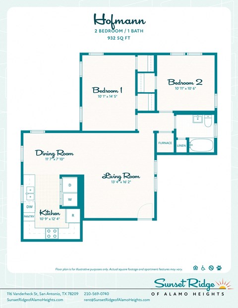Floor plan for 2 beds, 1 bath, 932 sqft