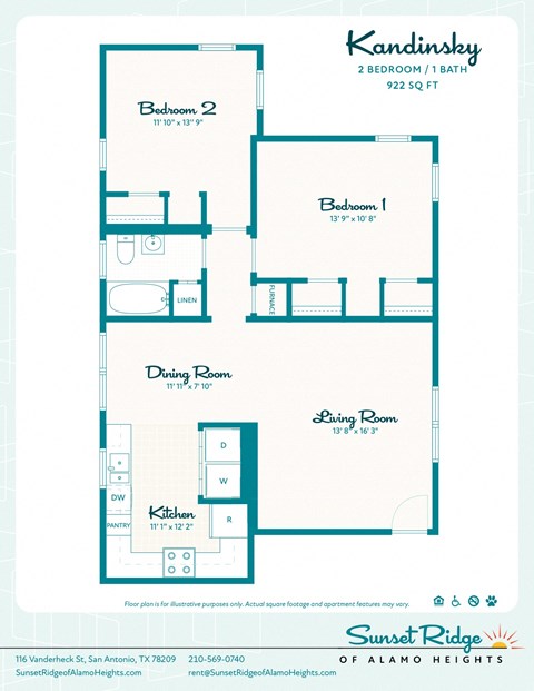 Floor plan for 2 beds, 1 bath, 922 sqft