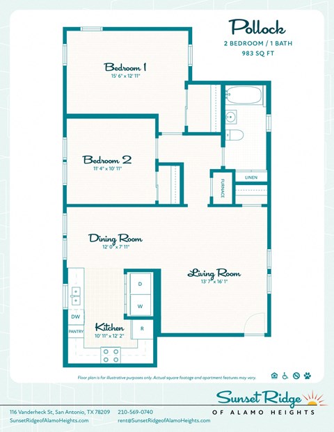 Floor plan for 2 beds, 1 bath, 983 sqft