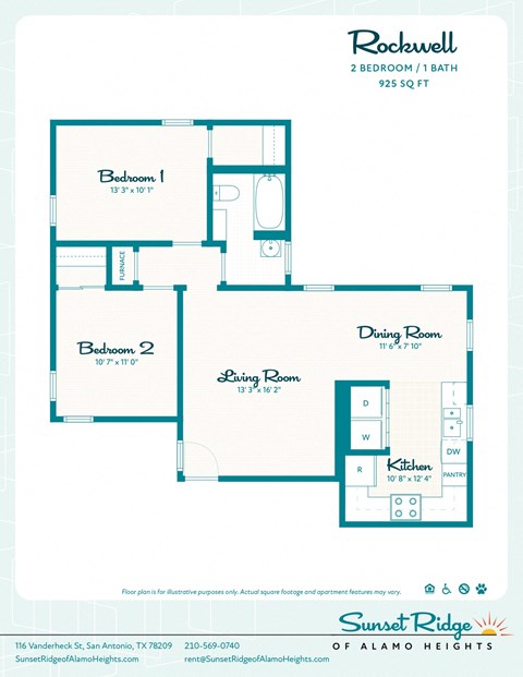 Floor plan for 2 beds, 1 bath, 925 sqft