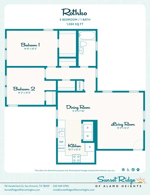 Floor plan for 2 beds, 1 bath, 1024 sqft