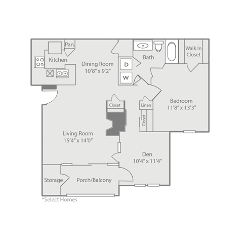 Floor plan for 1 bed, 1 bath, 1002 sqft