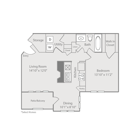 Floor plan for 1 bed, 1 bath, 800 sqft