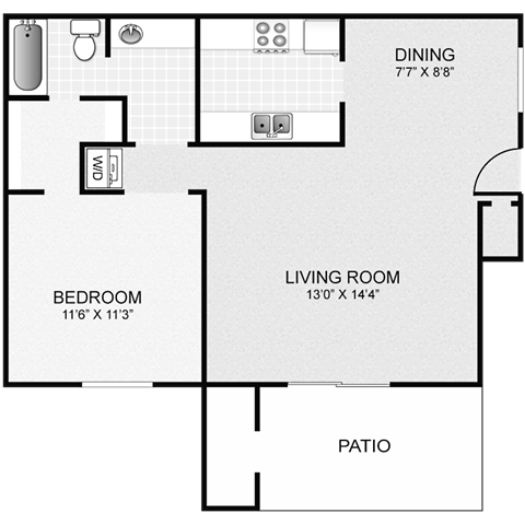 Floor plan for 1 bed, 1 bath, 642 sqft