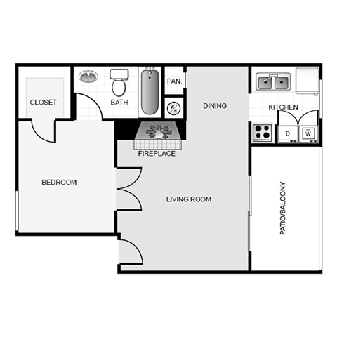 Floor plan for 1 bed, 1 bath, 534 sqft
