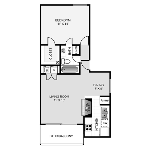 Floor plan for 1 bed, 1 bath, 683 sqft