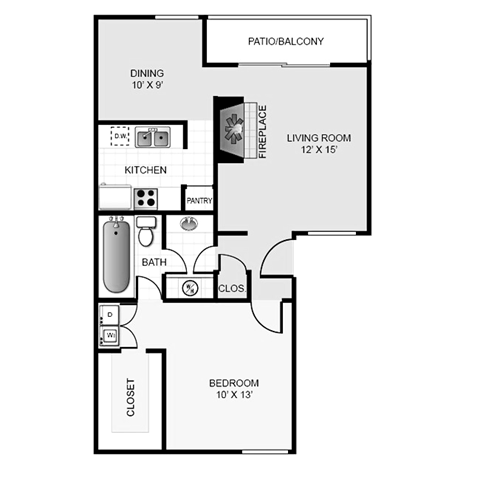 Floor plan for 1 bed, 1 bath, 784 sqft