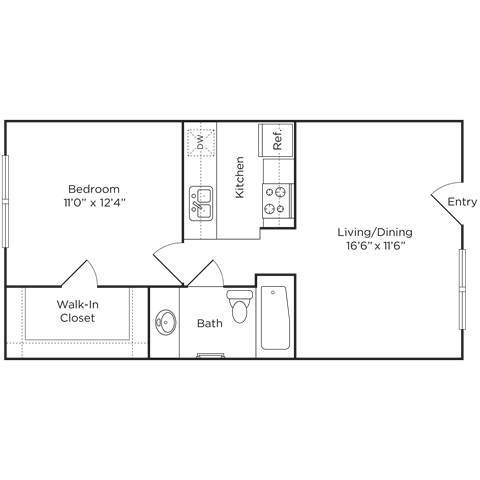 Floor plan for 1 bed, 1 bath, 575 sqft
