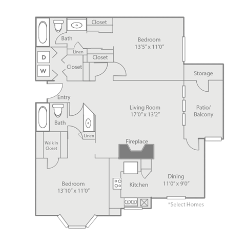 Floor plan for 2 beds, 2 baths, 1198 sqft