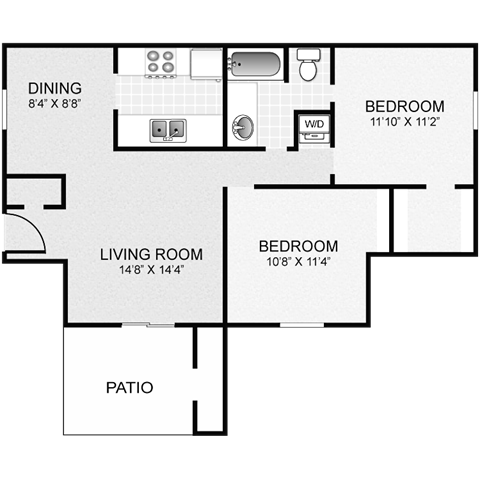 Floor plan for 2 beds, 1 bath, 819 sqft