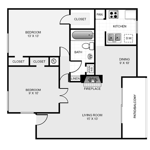 Floor plan for 2 beds, 1 bath, 851 sqft