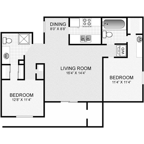 Floor plan for 2 beds, 2 baths, 989 sqft