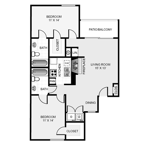 Floor plan for 2 beds, 2 baths, 1008 sqft