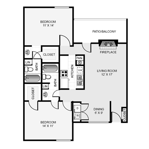 Floor plan for 2 beds, 2 baths, 1032 sqft
