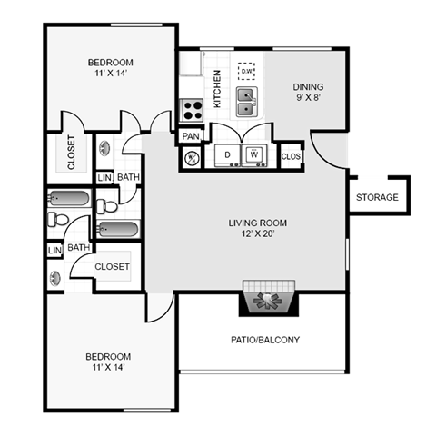 Floor plan for 2 beds, 2 baths, 1077 sqft