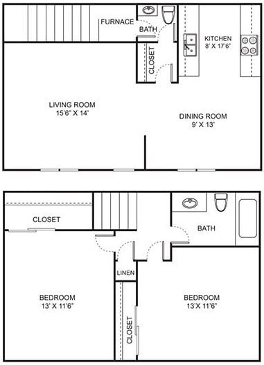 Floor plan for 2 beds, 1.5 baths, 1140 sqft
