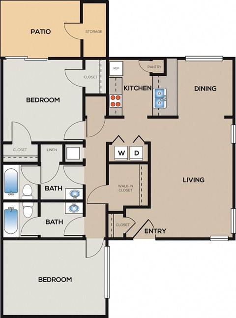 Floor plan for 2 beds, 2 baths, 1102 sqft