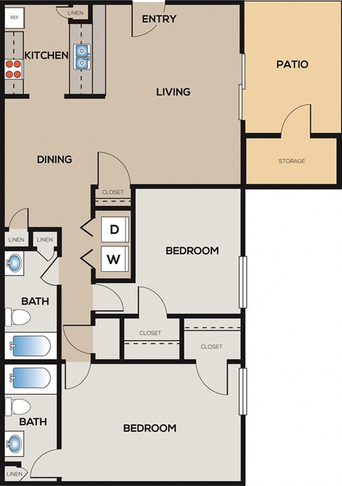Floor plan for 2 beds, 2 baths, 968 sqft