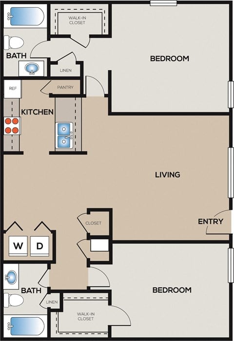 Floor plan for 2 beds, 2 baths, 992 sqft