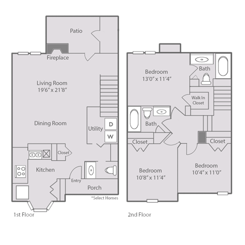 Floor plan for 3 beds, 2.5 baths, 1391 sqft