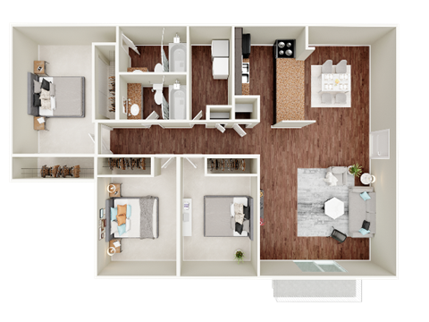 Floor plan for 3 beds, 2 baths, 1300 sqft