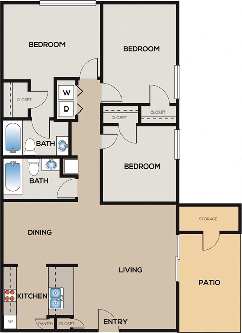 Floor plan for 3 beds, 2 baths, 1127 sqft